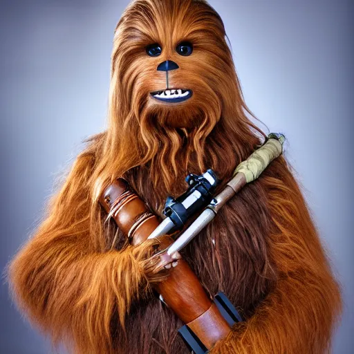 Prompt: high quality studio portrait of chewbacca with a pipe, glass of brandy, and goatee