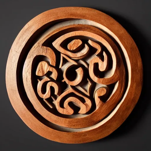 Image similar to intricate ting yang symbol carved from wood, photograph, studio lighting