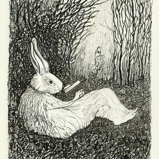 Image similar to a pen and ink drawing of a white rabbit smoking a cigarette while reclining in a deep dark tangled forest, a lingering smoke cloud, childrens book illustration, by edward gorey, by gustav dore