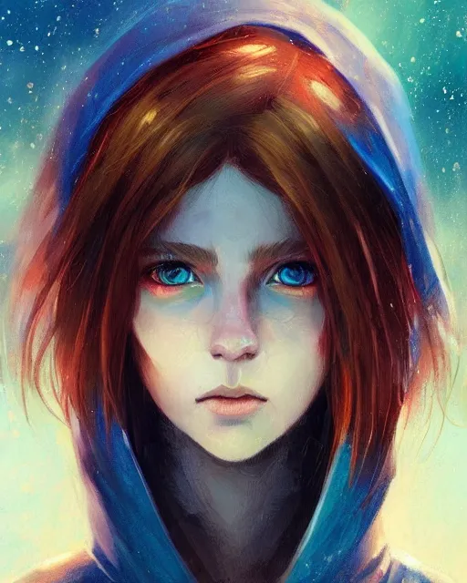 Prompt: colorful and Festive Captivating mage girl, with brown hair, a blue hoodie, serious looking, atmospheric lighting, painted, intricate, highly detailed by Charlie Bowater