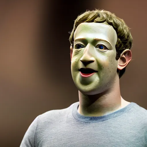 Image similar to Mark Zuckerberg as Shrek, highly detailed, high quality, HD, 4k, 8k, Canon 300mm, professional photographer, 40mp, lifelike, top-rated, award winning, realistic, sharp, no blur, edited, corrected, trending