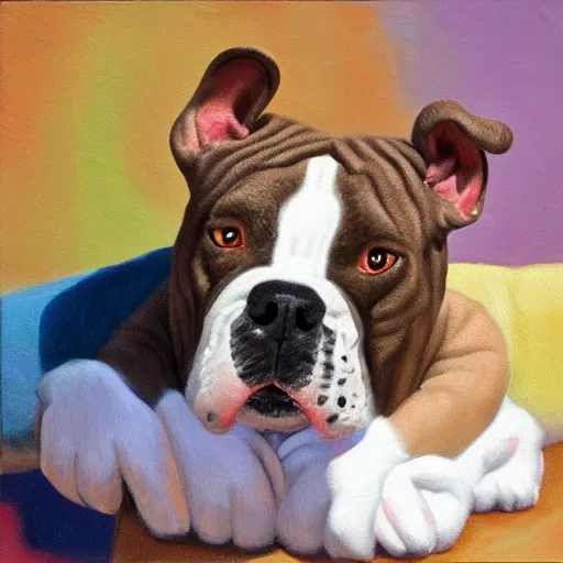 Image similar to pitbull bulldog mix with brindle coat and white paws and white chest playing with a dinosaur plushie. oil painting. impressionist. sunny day.