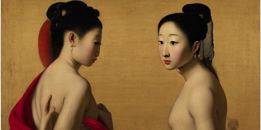 Image similar to a portrait of a very beautiful goddess with halo behind her head, seductively looking in front, Asian beautiful aesthetic face, in the style of Caravaggio and Vermeer, realistic, dramatic lighting