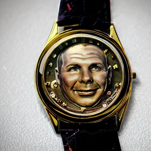 Image similar to watch, portrait of gagarin on the dial, gagarin, gagarin engraving, custom watc, gold silver, diamond, brilliant, super detailed, photorealistic, 8 k white background