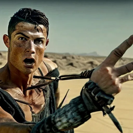 Image similar to cristiano ronaldo as the doof warrior in mad max fury road ( 2 0 1 5 ), movie still,