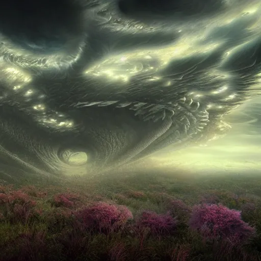 Prompt: bio-inspired design, alien nature, panoramic,octane render,luis royo style,psychedelic clouds