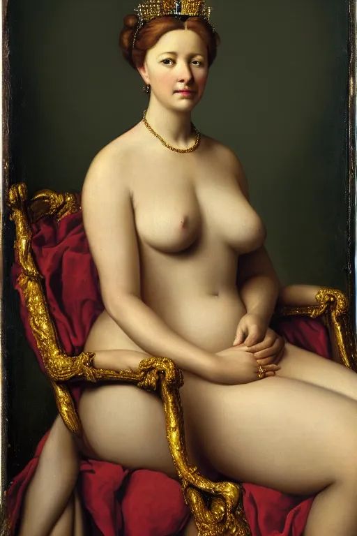 Image similar to portrait of a beautiful woman sitting on a throne