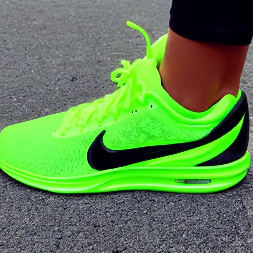Prompt: a neon green nike shoe, back view, official product photo