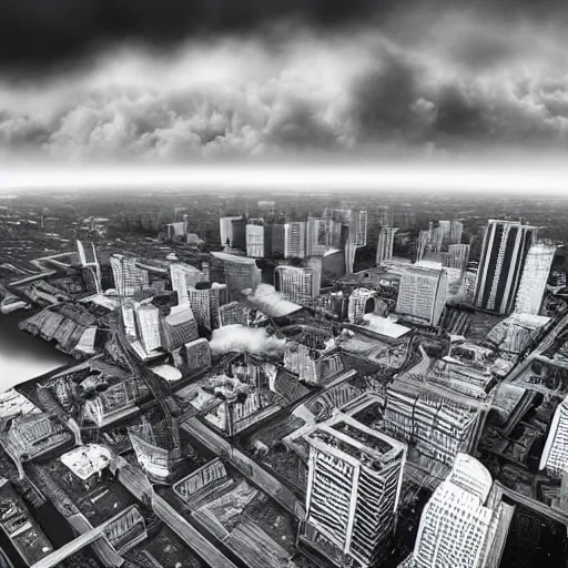 Image similar to surreal brutalist cityscape emerges from clouds below, moody, vast, uncaring