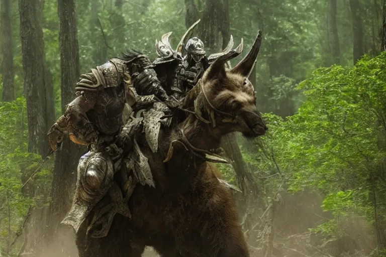 Image similar to vfx movie closeup detailed ancient armored warrior orc hunting riding large bear in the forest, natural lighting by emmanuel lubezki