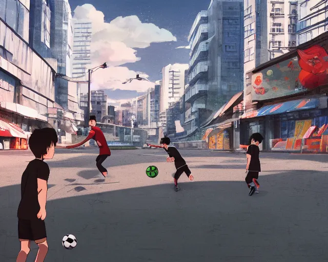 Image similar to harry kane and son heung-min playing soccer in the streets of beijing, slice of life anime, lighting, anime scenery by Makoto shinkai