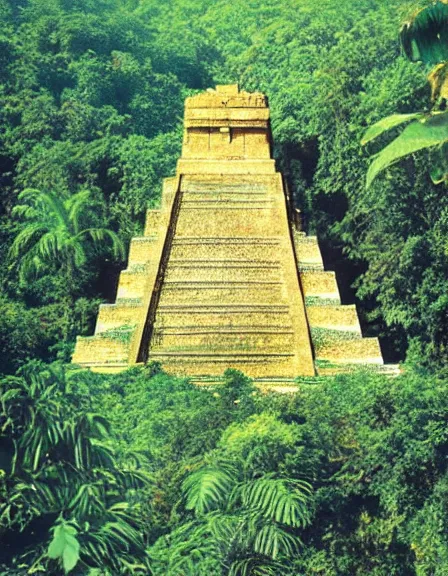 Image similar to vintage color photo of a 1 1 0 million years old mayan gold sculpture covered by the jungle vines