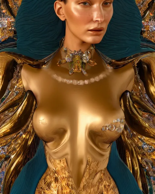 Prompt: a highly detailed metahuman 4 k close up render of an alien goddess bella hadid monument demon in iris van herpen dress schiaparelli in diamonds crystals swarovski and jewelry iridescent in style of alphonse mucha gustav klimt trending on artstation made in unreal engine 4