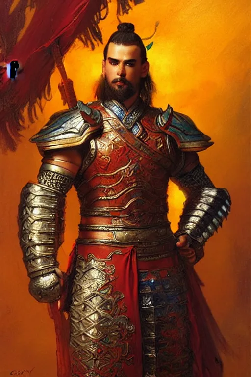 Image similar to attractive beefy male with armor, ming dynasty, character design, colorful, neon lights, painting by gaston bussiere, craig mullins, j. c. leyendecker, tom of finland