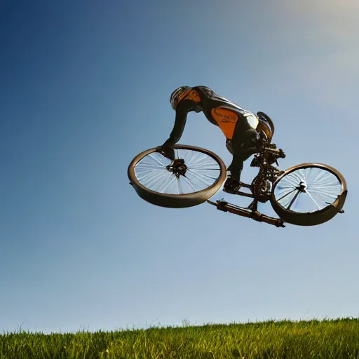 Prompt: A flying bike, the bike is flying in the air, the photo was taken from the ground looking up at the sky, realistic, ultra high detail, 8k.