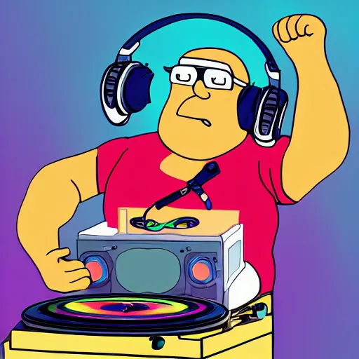 Image similar to svg sticker of a Family-Guy Peter-Griffin at a rave, spinning records, giant headphones rocking out, wearing headphones, huge speakers, dancing, rave, DJ, spinning records, digital art, amazing composition, rule-of-thirds, award-winning, trending on artstation, featured on deviantart