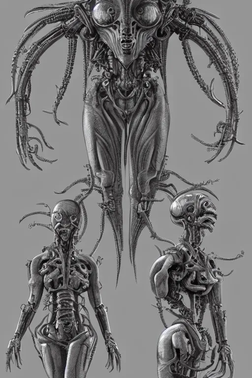 Image similar to cyborg medusa with gunmetal grey skin, medical anatomy, very symmetrical face, highly detailed, mecha, three - perspective / three - view reference sheet ( front / back / side ), in the style of dan ouellette, hr giger, sil from species, dren from splice, biomechanical, artstation, unreal engine