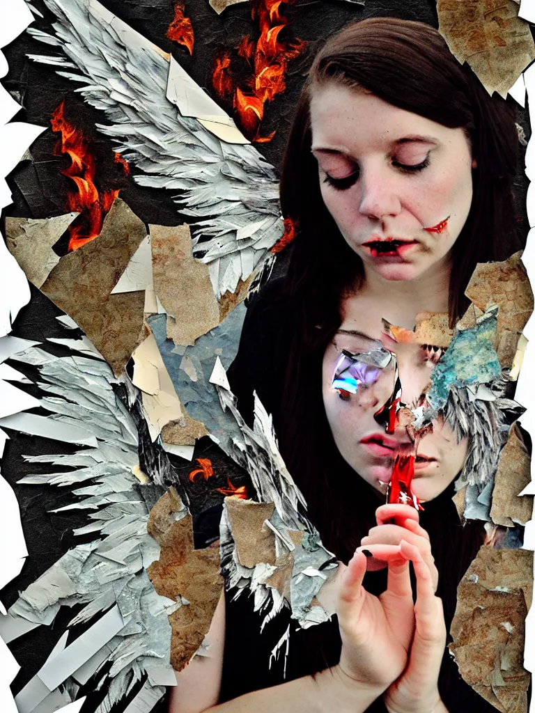 Prompt: a young adult angelgirl smoking a cigarette and ratty feathered angel wings, stressed and burnt out, collage effect, collaged, torn paper, torn paper collage, overexposure, overexposed, high exposure