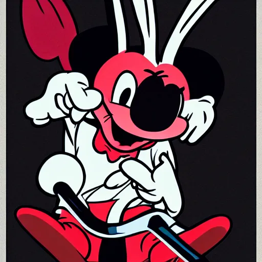 Image similar to laughing bugs bunny stabs mickey mouse with a bowie knife, blood spray, horror, intimidating, insanely detailed, photorealistic, 8 k, trending on artstation.