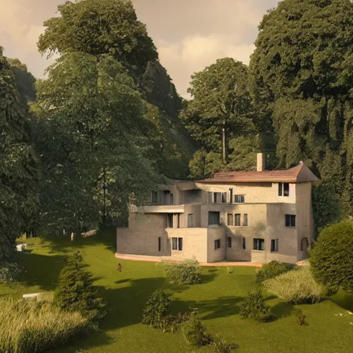 Image similar to beige house with collumns around a garden, on a hill surrounded by big trees, dramatic lighting, artstation, matte painting, raphael lacoste, simon stalenhag, frank lloyd wright, drone view