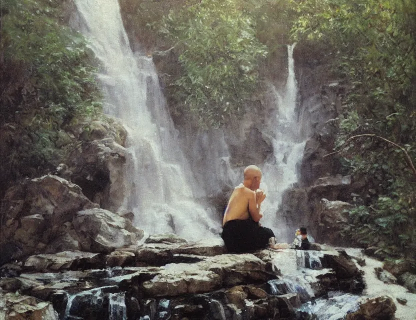 Image similar to steve hanks, serov valentin, lisa yuskavage, andrei tarkovsky, terrence malick, focused monk sits near waterfall, golden ratio, perfect symmetrical, polaroid, vintage, soft lights, foggy, oil on canvas