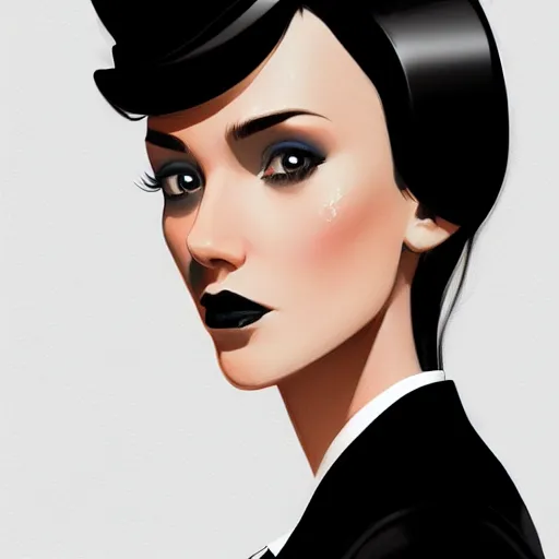 Prompt: slim girl in black tuxedo, corporate boss, luxury, 2d, ultra highly detailed, smooth, sharp focus, digital art, digital painting, fan art, elegant, artstation, by Ilya Kuvshinov