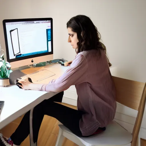 Image similar to A photo of hila klein sitting on a computer scrolling a webpage of etsy.com with clothes designs