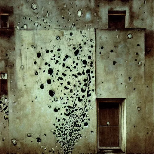 Prompt: graffiti done by zdzislaw beksinski, graffiti on the walls, rain stains, intricate patterns