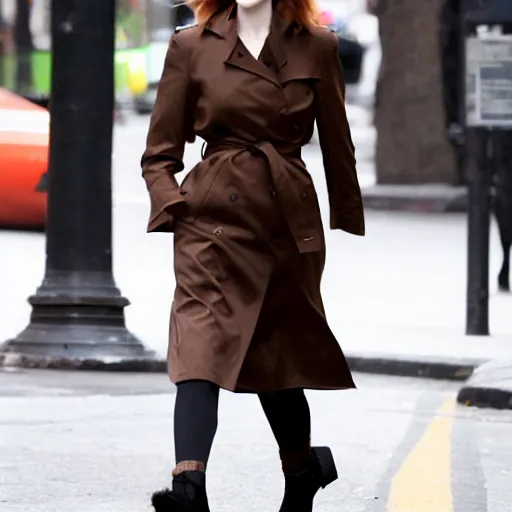 Prompt: movie still of evan rachel wood with dark brown long hair with bangs wearing a trench coat walking in new york city