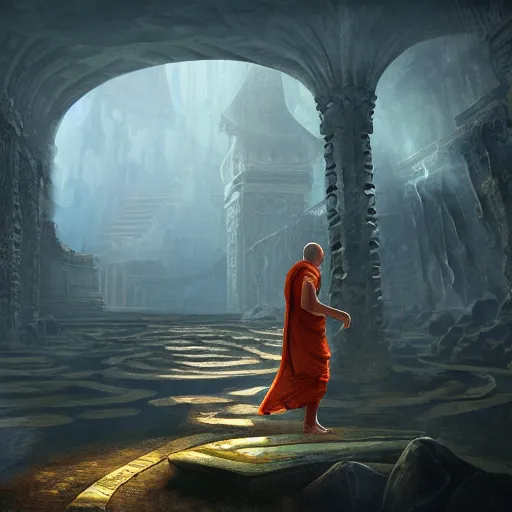 Image similar to mage monk in lost temple, unreal engine, digital, artstation, detailed illustration, heavenly atmosphere, digital art, overdetailed art, concept art, complementing colors, trending on artstation, cgstudio, the most beautiful image ever created, dramatic, subtle, details, award winning artwork, beautiful scenery