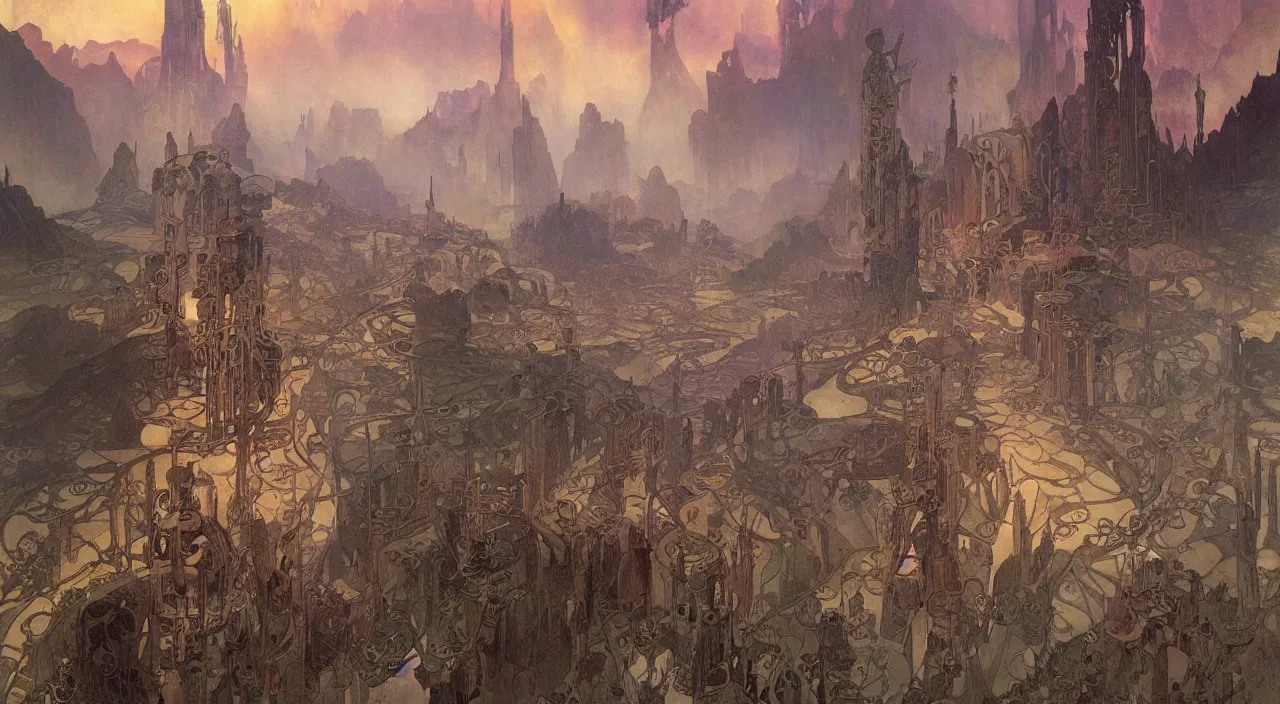 Image similar to A beautiful landscape painting of dystopian future by Alfons Maria Mucha and Yoshitaka Amano and ted nasmith