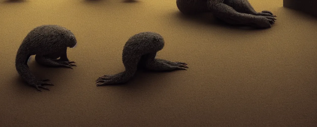 Prompt: a strange creature sitting on the floor in the home room, film still from the movie directed by Denis Villeneuve with art direction by Zdzisław Beksiński, close up, telephoto lens, shallow depth of field, beautiful detailed intricate insanely detailed octane render, 8K artistic photography, photorealistic