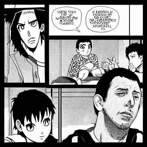 Prompt: “Water Boy directed by cursed Adam Sandler” graphic novel illustrated by Kishimoto published on Shonen Jump 1996 black and white pen and ink highly detailed