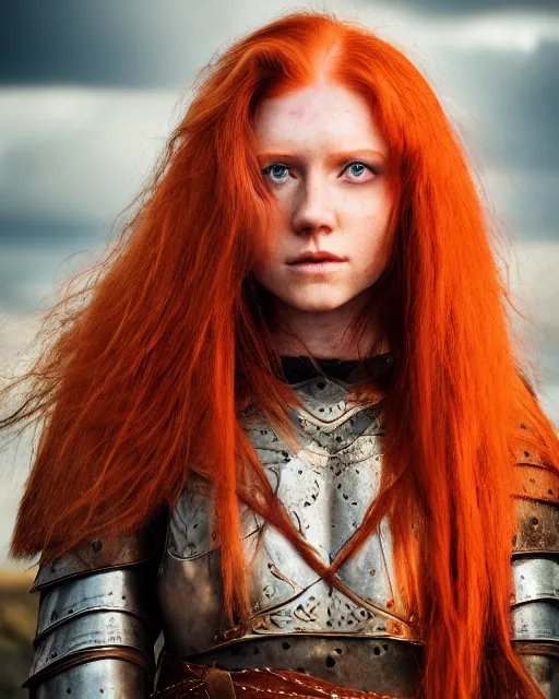 Image similar to north adult female warrior, red hair, ginger hair, long hair, fantasy, female Viking, high detailed, photography, cloudy, lightweight leather armour, Scandinavia, plain, detailed face, beautiful face, beautiful girl, look into the distance, professional model, glowing skin, serious face, full body,in full growth, professional photographer, masterpiece, 50 mm, extremely detailed, 8k, 3D