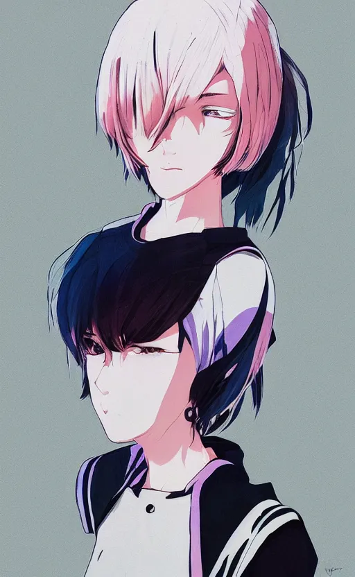 Image similar to shirt art, logo graphic design, manga style, realistic lighting, futuristic solid colors, made by ilya kuvshinov, sold on sukebannyc, from arknights, front portrait of a girl, jpop clothing, sneaker shoes, simple graphics in background