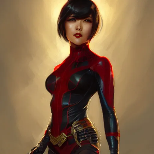 Prompt: Ada Wong as Spider-Woman, western, D&D, fantasy, intricate, elegant, highly detailed, digital painting, artstation, concept art, matte, sharp focus, illustration, art by Artgerm and Greg Rutkowski and Alphonse Mucha