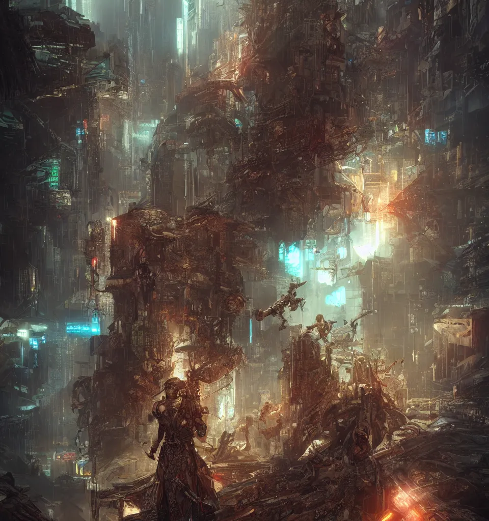 Prompt: cyberpunk gladiator, cinematic, highly detailed, octane render, cg, rich cinematic atmosphere, perfect digital art, mystical journey in strange world, Mystical, cyberpunk, tech war, sci-fi, surreal, glowing lights, sharp focus, high detailed, by Akihiko Yoshida, michael whelan and Karol Bak