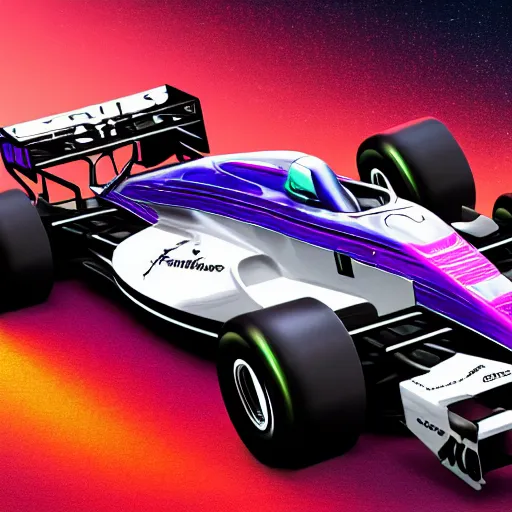 Image similar to detailed photo of a synthwave formula one car, 8 k.