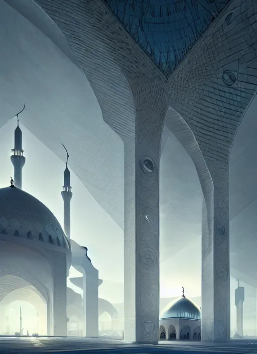 Image similar to epic futuristic mosque. highly detailed, digital painting, concept art, smooth, sharp focus, illustration, art by greg rutkowski