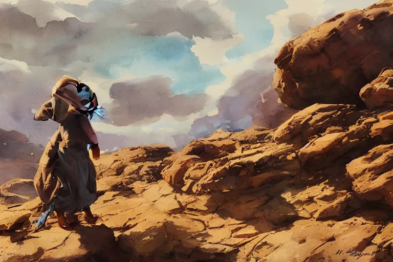Prompt: watercolor painting of rabbit in rocky desert landscape closeup, ambient lighting, art by hans gude, art by hans dahl, by jesper ejsing, art by anders zorn, wonderful masterpiece by greg rutkowski, cinematic light, american romanticism by greg manchess, creation by tyler edlin