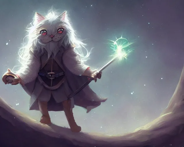 Image similar to one cartoonish kitty dressed as Gandalf floating alone in space, bright stars, anime, a fantasy digital painting by Greg Rutkowski and James Gurney, trending on Artstation, highly detailed