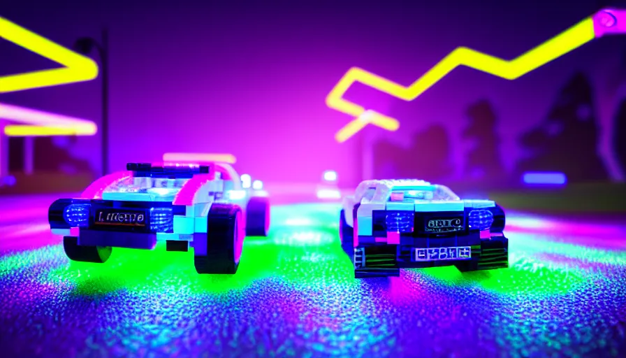 Image similar to luminescent lego car driving on a neon road into the distance with glowing cyberpunk signs leaving long glowing trails, top rear view, dark magical forest, synthwave, octane render, purple fog, futuristic, sunset, purple rays, reflective mirror puddles, beautiful lighting, ultra realistic, highly detailed, 8 k