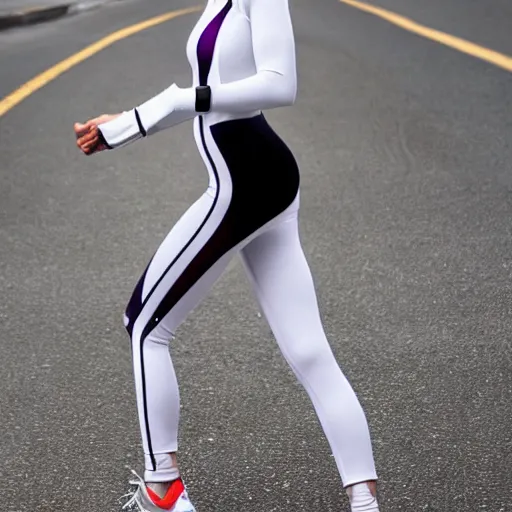 Prompt: athletic woman jogger wearing skintight white catsuit with a transparent mesh stripe all the way up the left side, from her ankles to her neck, and you can see the color of her skin through the mesh. instagram photo