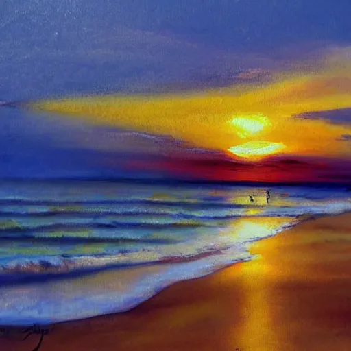 Prompt: Beach, sunset, art of Lauretta Jones