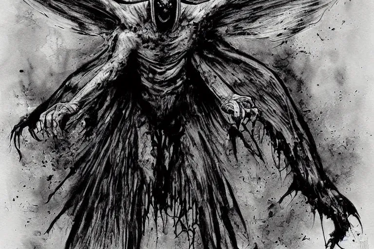 Image similar to mad horror painting of mothman by ben templesmith