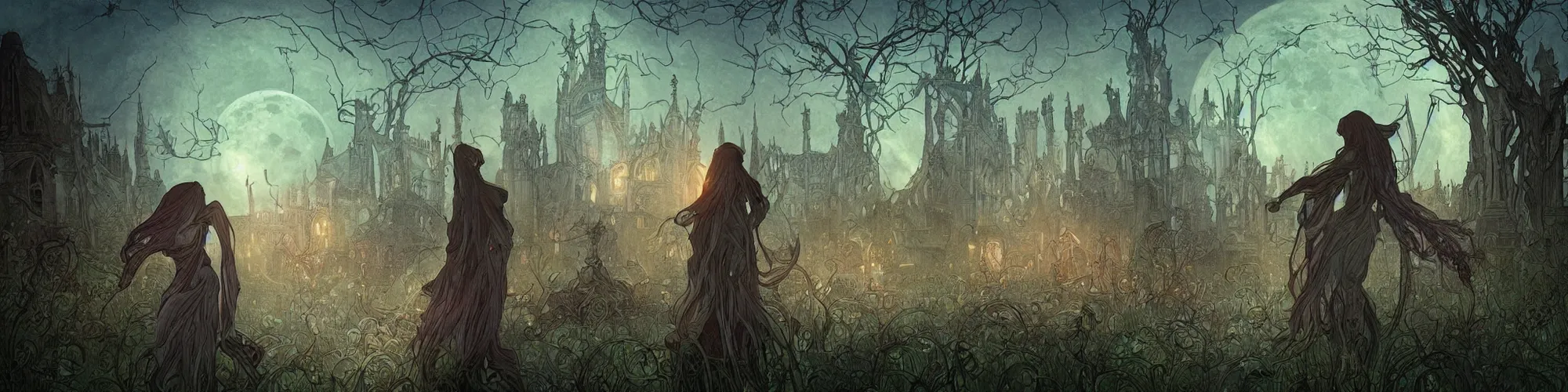 Image similar to an ultra detailed animation of a glowing apparition in a graveyard at midnight on halloween, tattoo on shohulder, digital art, dark fantasy, concept art, soulslike, by alphonse mucha, blood moon eclipse, ruined building in the background, artstation, 8 k, unreal engine render