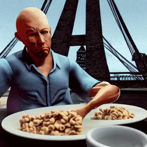 Image similar to jc denton from deus ex eats cereal at a table, liberty island, high quality, photorealistic, highly detailed face, smooth, sharp focus, 4 k, hd