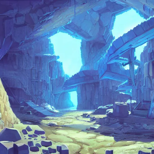 Image similar to concept art painting of a mineshaft with giant blue crystals, realistic, detailed, cel shaded, in the style of makoto shinkai and greg rutkowski and james gurney