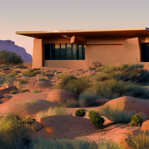 Prompt: A house designed by Frank Lloyd Wright in the middle of the desert, photographed by Fernando Guerra, realistic, 4k, detailed