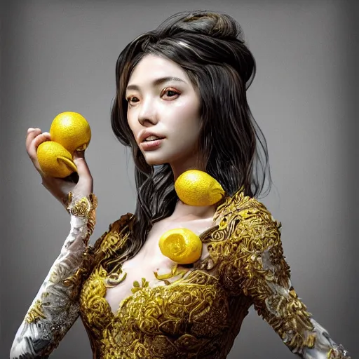 Image similar to the portrait of an absurdly beautiful, graceful, elegant, sophisticated, young idol made up of lemons, an ultrafine hyperdetailed illustration by kim jung gi, irakli nadar, intricate linework, bright colors, octopath traveler, final fantasy, unreal engine 5 highly rendered, global illumination, radiant light, detailed and intricate environment